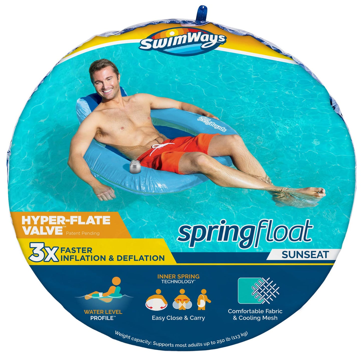 SwimWays Spring Float SunSeat Pool Lounge Chair, Inflatable Pool Floats Adult with Fast Inflation & Back Rest for Ages 15 & Up, Blue