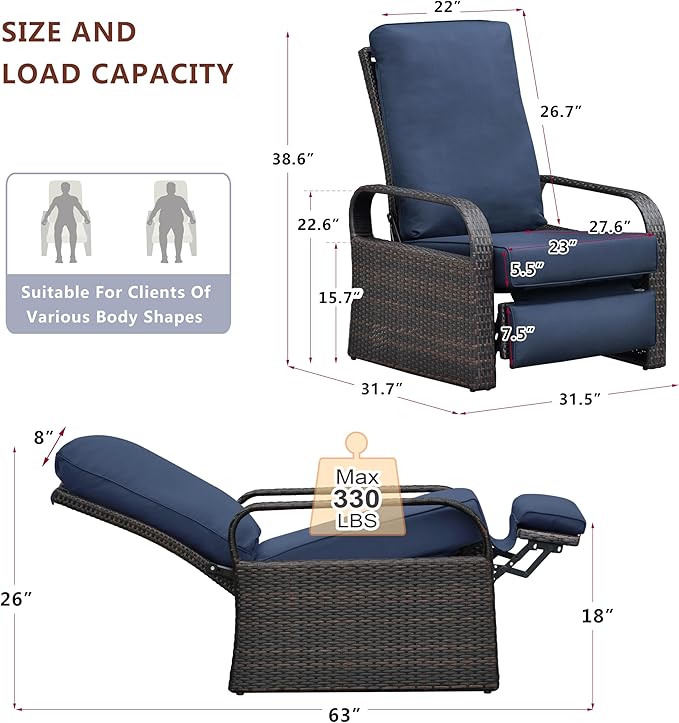 Art to Real Outdoor Wicker Recliner Chair with 5.5'' Cushions, Automatic Adjustable Patio Lounge Chairs, Aluminum Frame Reclining Chair for Lawn Backyard Porch Poolside Deck(Navy Blue)