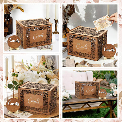 Ferrochef Wedding Card Box with Sign Boho Rustic Wood Gift Card Box Vintage Money Cards Holder for Wedding Baby Shower Graduation(Flower,Brown,11.4 x 9 x 8.5 Inches)