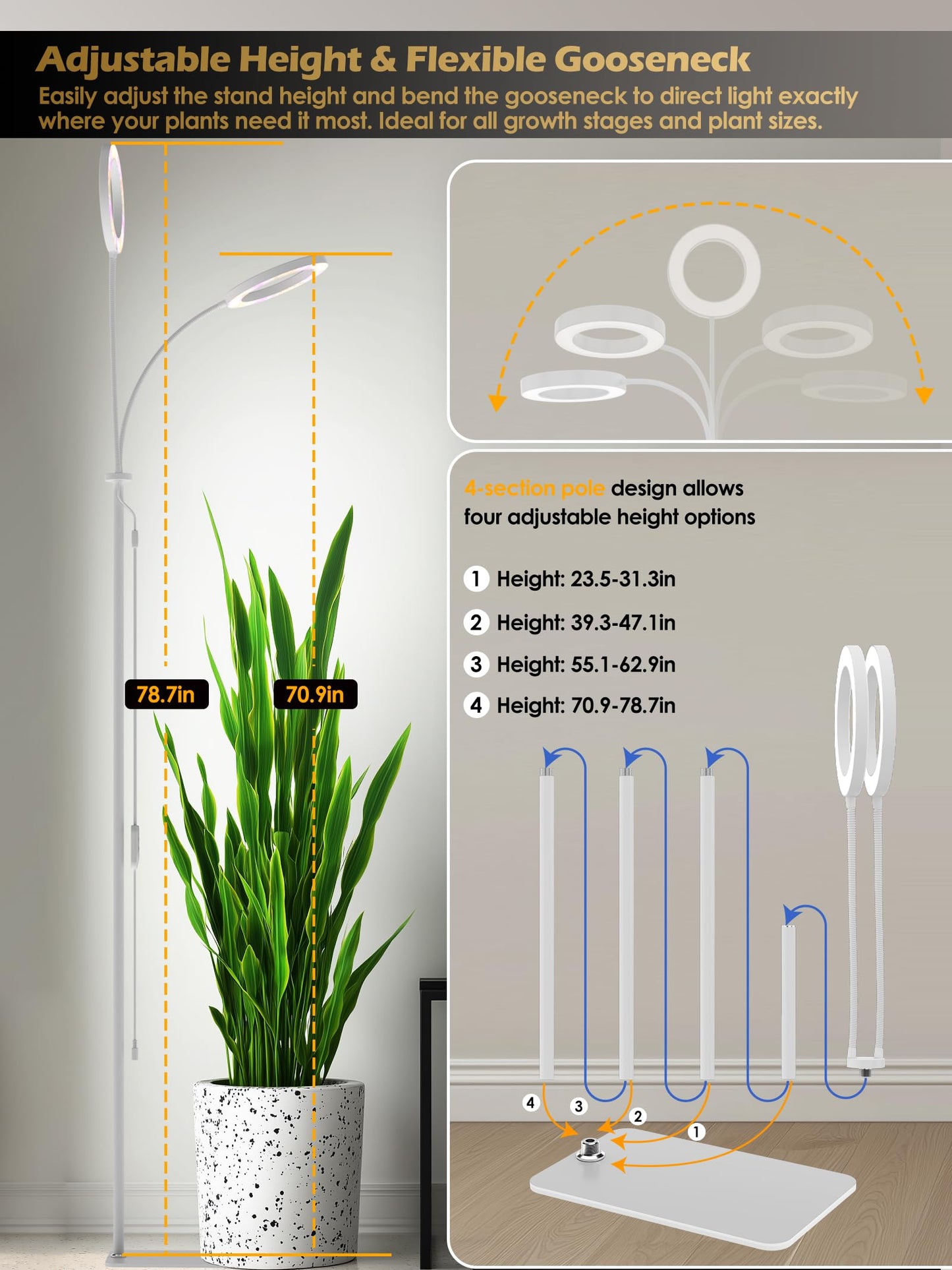 GLOWRIUM Grow Lights for Indoor Plants, Full Spectrum LED Grow Light, Stepless Dimming,3 Lighting Mode and Adjustable Height, Plant Light with 3/9/12/16H Timer (White, 24W)
