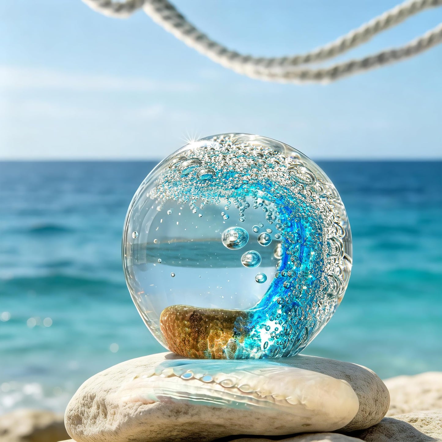 H&D HYALINE & DORA Hand Blown Glass Ocean Waves Ball Paperweight Decorative Home Office Decor Glass Art Collectible Crystal Ball Paperweight Ideal for Ocean Lovers(2.3Inch)