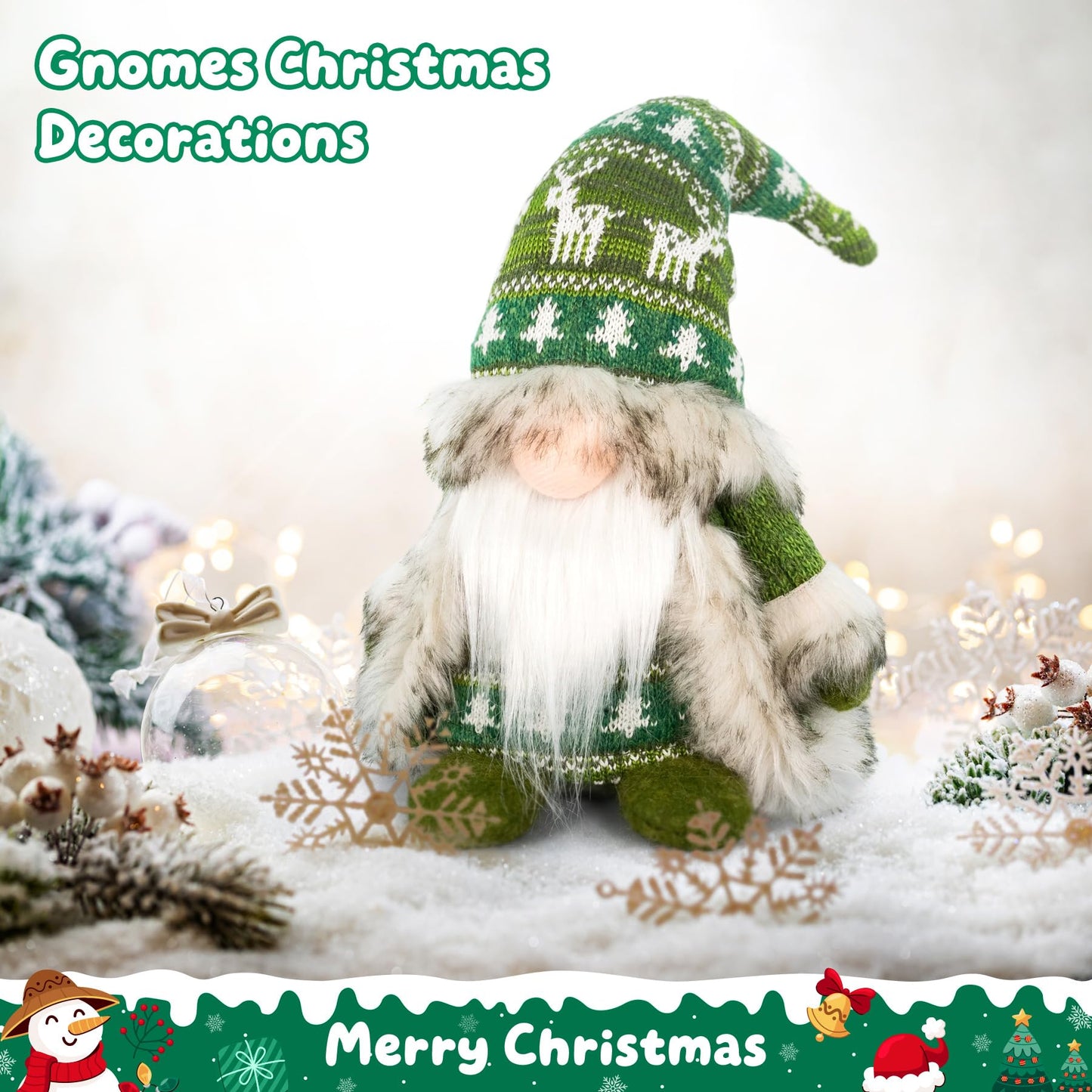 TACROART Gnome Christmas Decorations - Plush Nordic Figurine with Green Reindeer Knit Hat & Faux Fur Cloak, Rustic Tabletop Holiday Gnome Decor for Mantel, Shelf, or Gift Idea
