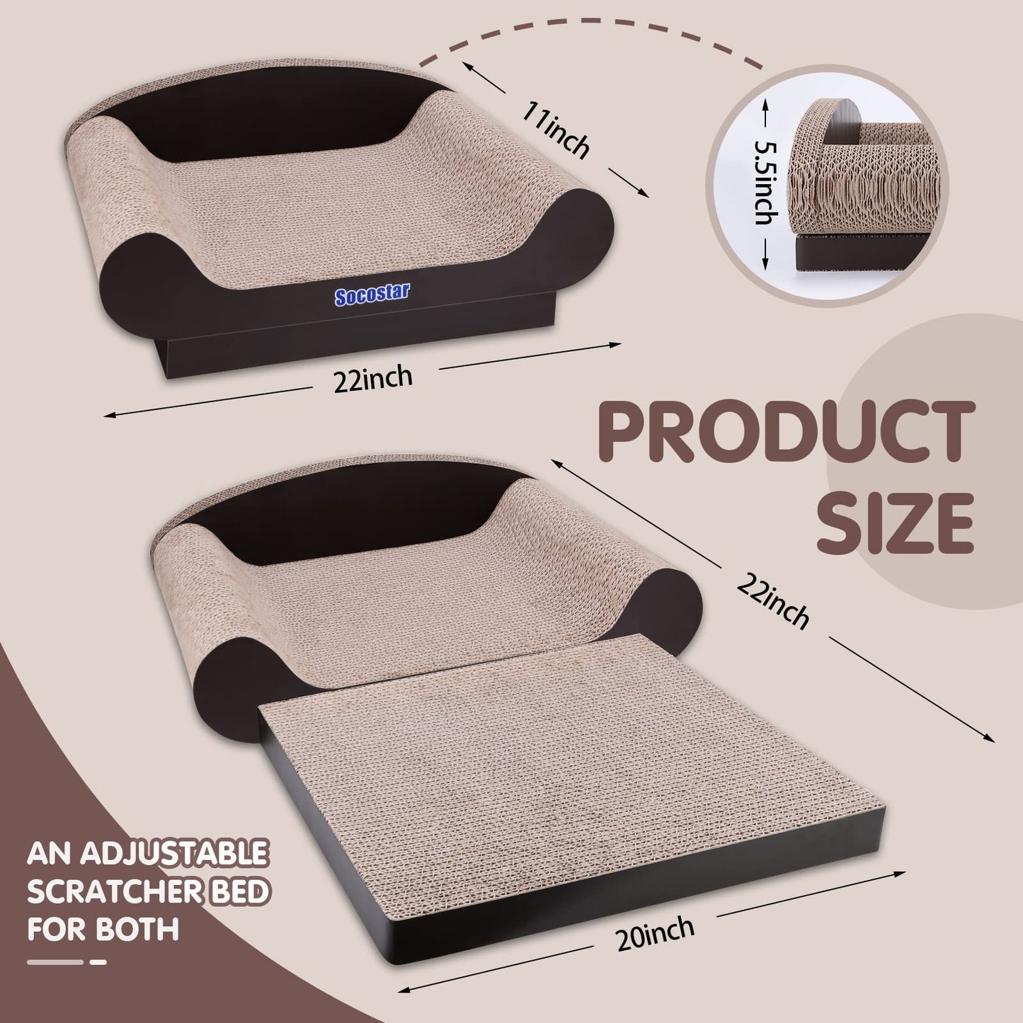 Socostar Cat Couch Bed Pad, Cardboard Cats Scratcher Furniture with Catnip, Large Scratch Sofa for Indoor Cats, Wear Resistant and Durable Cat Scratching Board