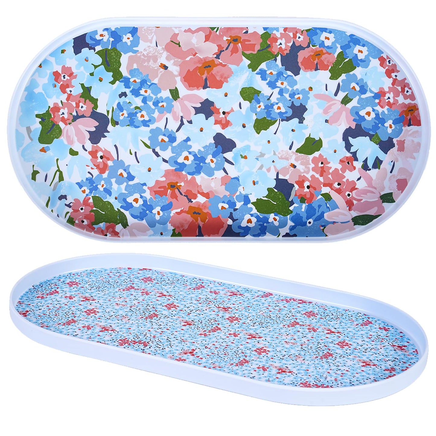 17 Inch Melamine Serving Trays Set of 2, Large Oval Platters, Unbreakable & Dishwasher Safe Lipped Trays for Indoor/Outdoor Use, Modern Art Decorative Dinner Set (2 Piece with Different Designs)
