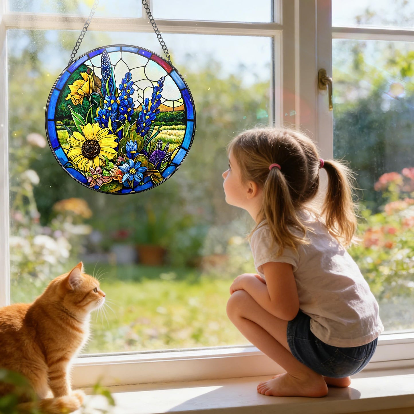 Stained Glass Window Hanging, 7.8 Inch Texas Bluebonnet Flowers and Sunflowers Stained Glass Suncatcher for Window, Door, Home Decor, Sun Catchers for Indoor Windows, Gifts for Women, Mom, Grandma