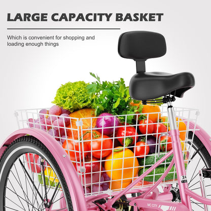 H&ZT Adult Tricycle, 3 Wheeled Bike, Trike Cruiser Bike, with 7-Speed Gear, Parking Brake Handle, Low Step, Large Rear Basket, Elderly Friendly, for Men, Women, and Teens