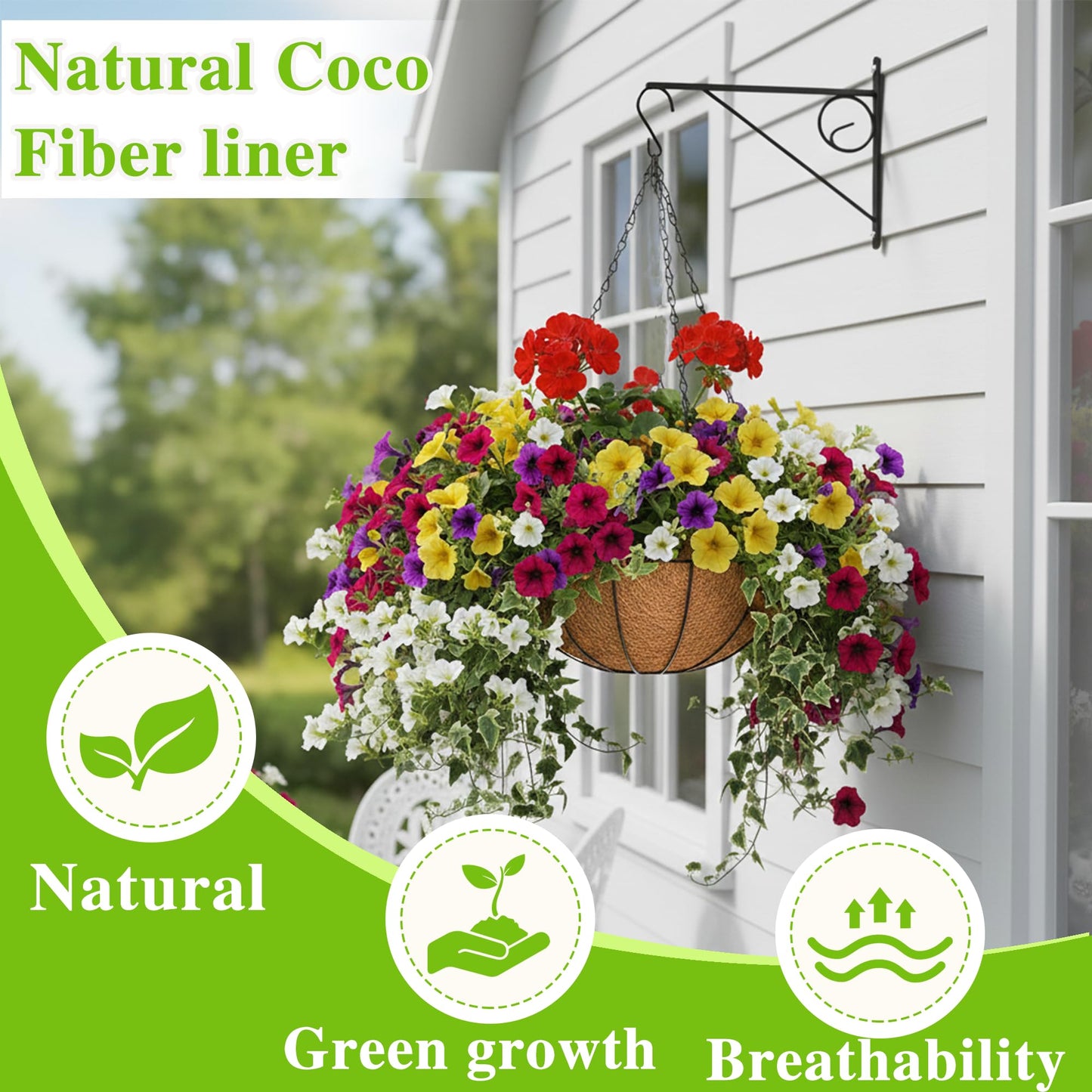 EIMQUVW Metal Hanging Planters Basket Set of 4 Hanging Flower Pots 10 Inch Chain Round Wire Plant Holder with Coco Coir Liner Garden Watering Hanging Baskets for Patio Garden Outdoor1