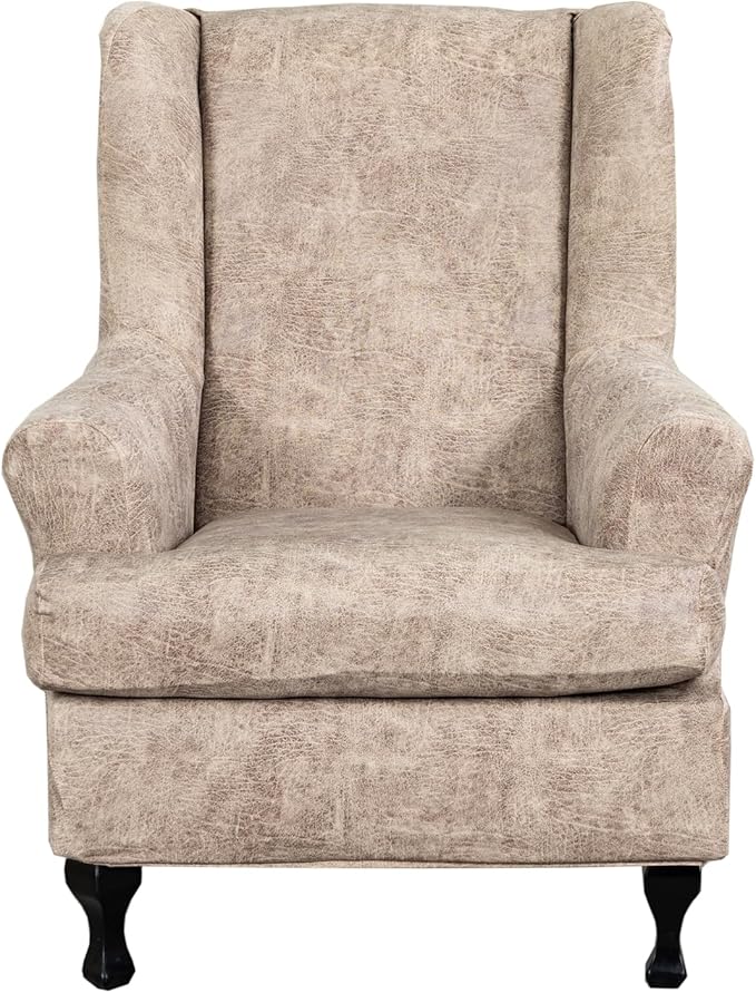 KRFOONN Wing Chair Slipcovers 2 Piece Stretch Leather Look Wingback Chair