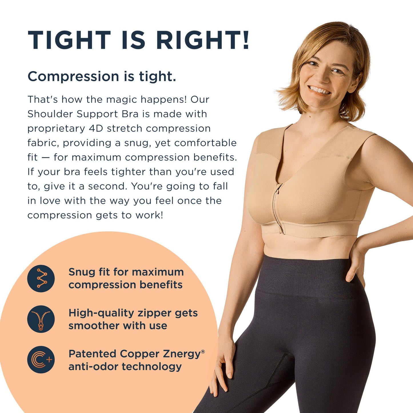 Tommie Copper Shoulder Support Compression Bra with Front Zipper Closure - Wireless Posture Corrector & Back Support Bra, Ideal for Gardening, Yoga, and Sports, UPF 50 - Nude, XX-Large