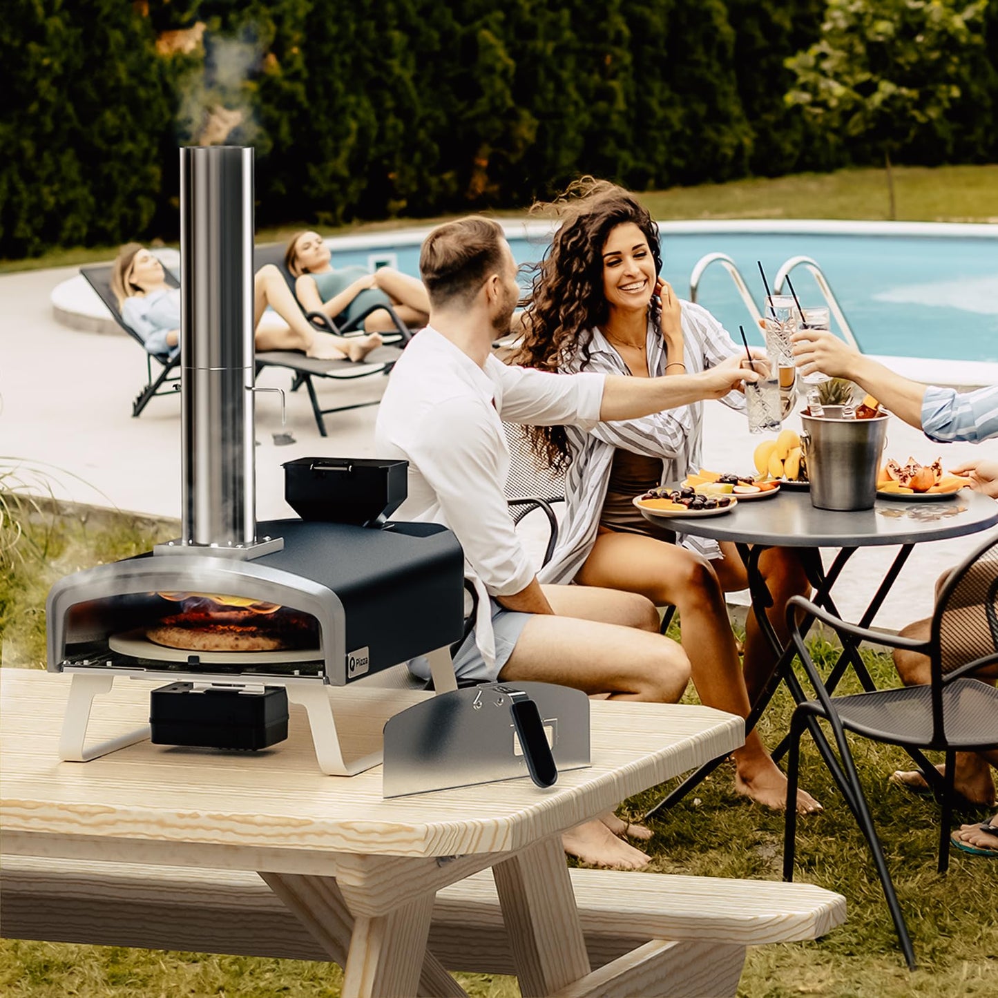 Q Pizza Wood Pellet Pizza Oven with Rotatable Stone, Portable Pellet Pizza Oven with Chimney and Door, Outdoor Pizza Stove for Backyard, Camping, Picnicking, RV, Tailgating, PS106