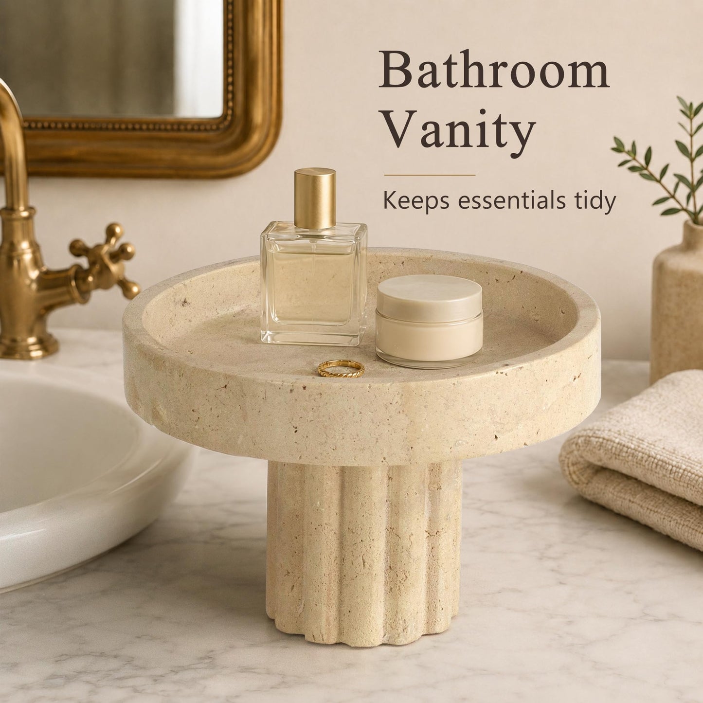 YMXYJM,Travertine Decorative Tray,Pedestal Display Stand,Beige