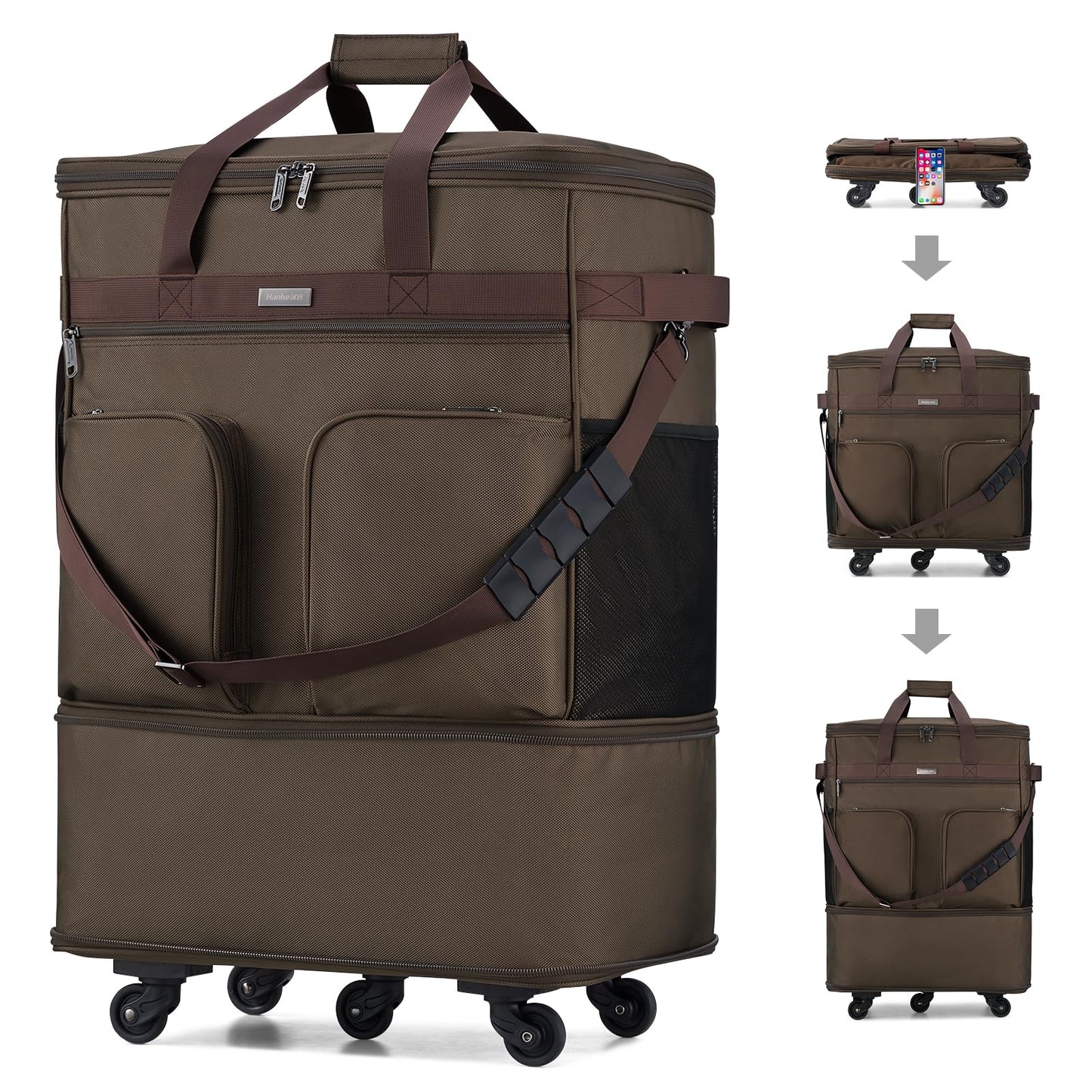 Hanke Expandable Collapsible Luggage with Wheels Suitcase, Rolling Travel Bag, Duffel Garment Tote Bag for Men Women, Lightweight Suitcase, Large Capacity Luggage with Spinner Wheel (Coffee)