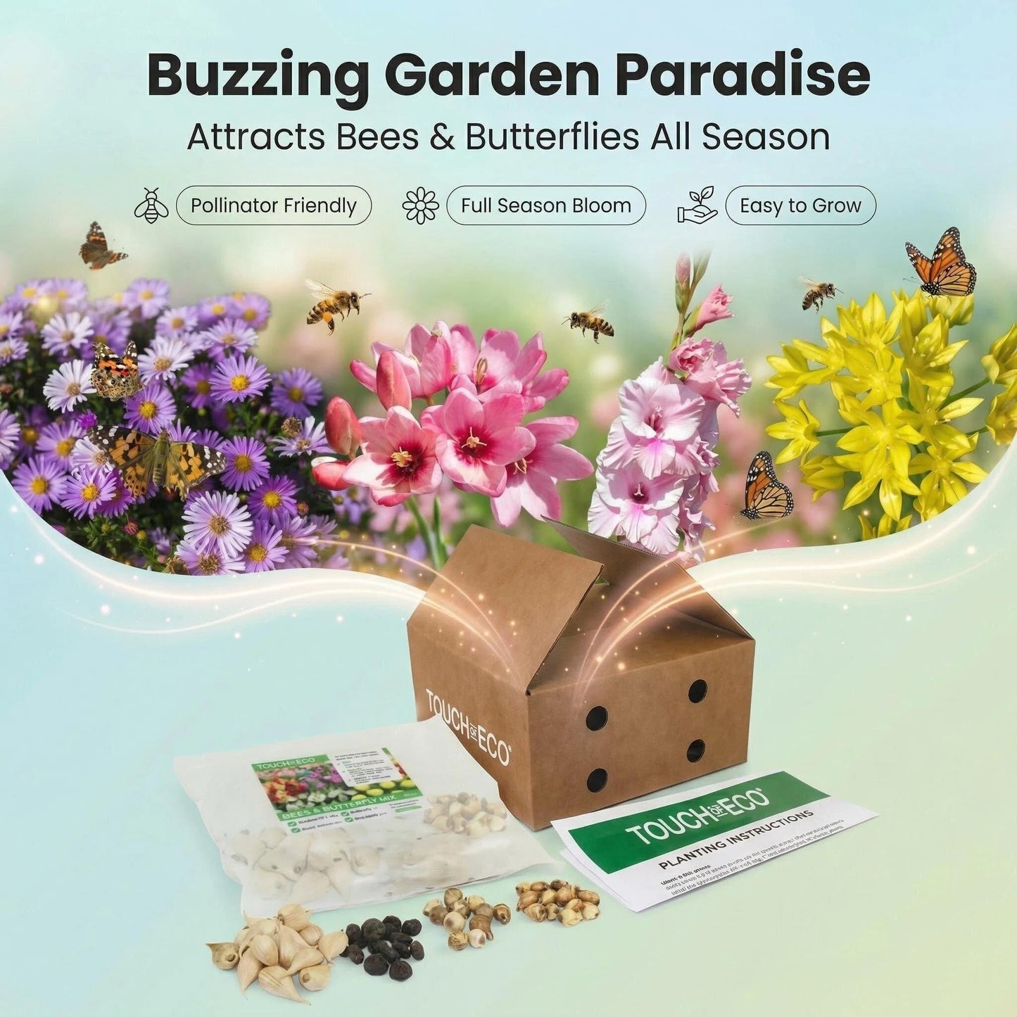 Amazing Deal-Complete Spring & Summer 100 Bulbs Blooming Bee & Butterfly Garden Collection-Beautiful Flowers that Attract Bees, Butterflies, Hummingbirds & Other Pollinators-Easy to Grow 1000's Sold