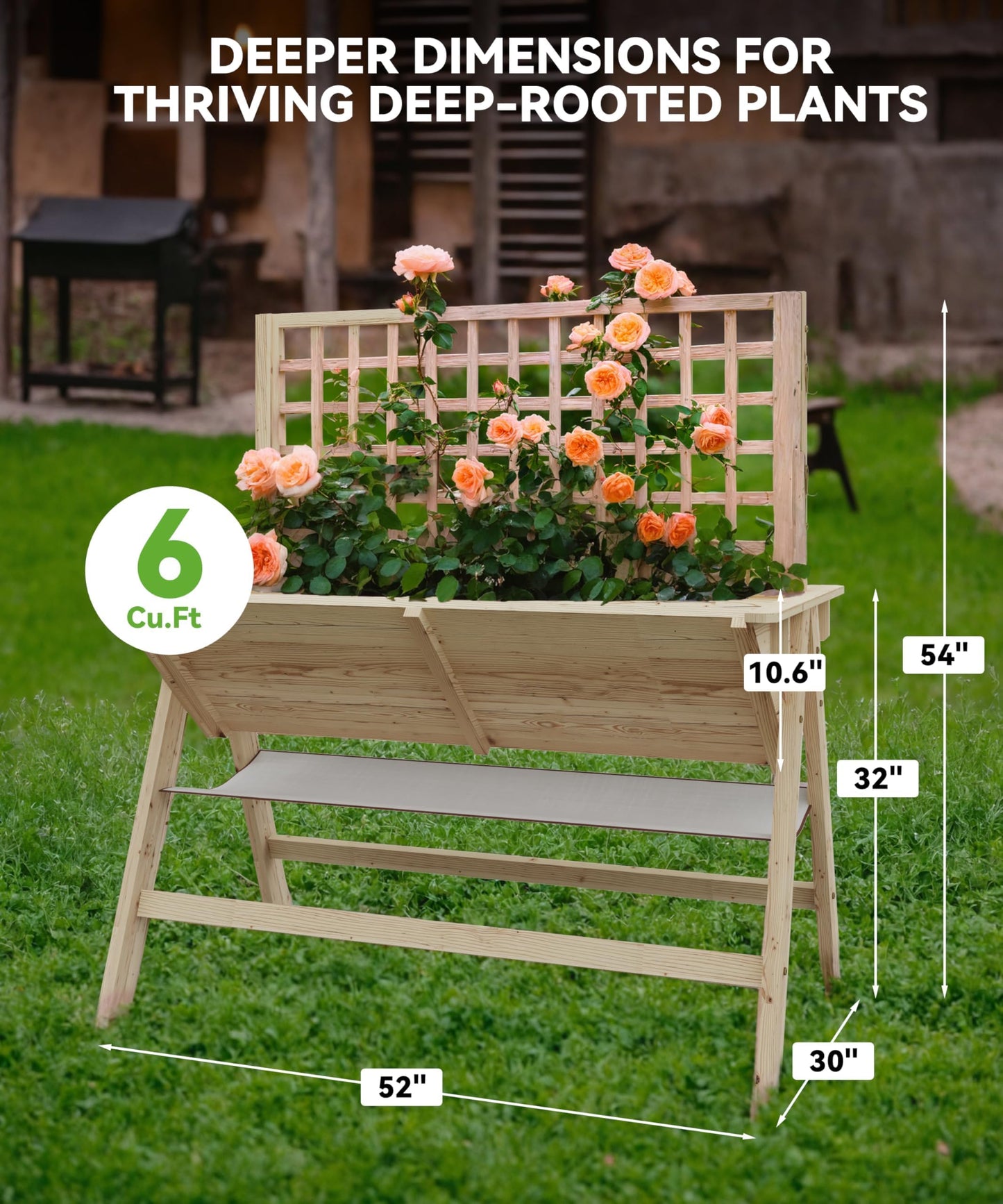 GarveeLife 52x30x54 Inch Tall Elevated Garden Bed with Legs, Standing Raised Planter Box with Climbing Trellis for Vegetables Flowers Herbs, Outdoor Wooden Standing Garden Bed-Natural