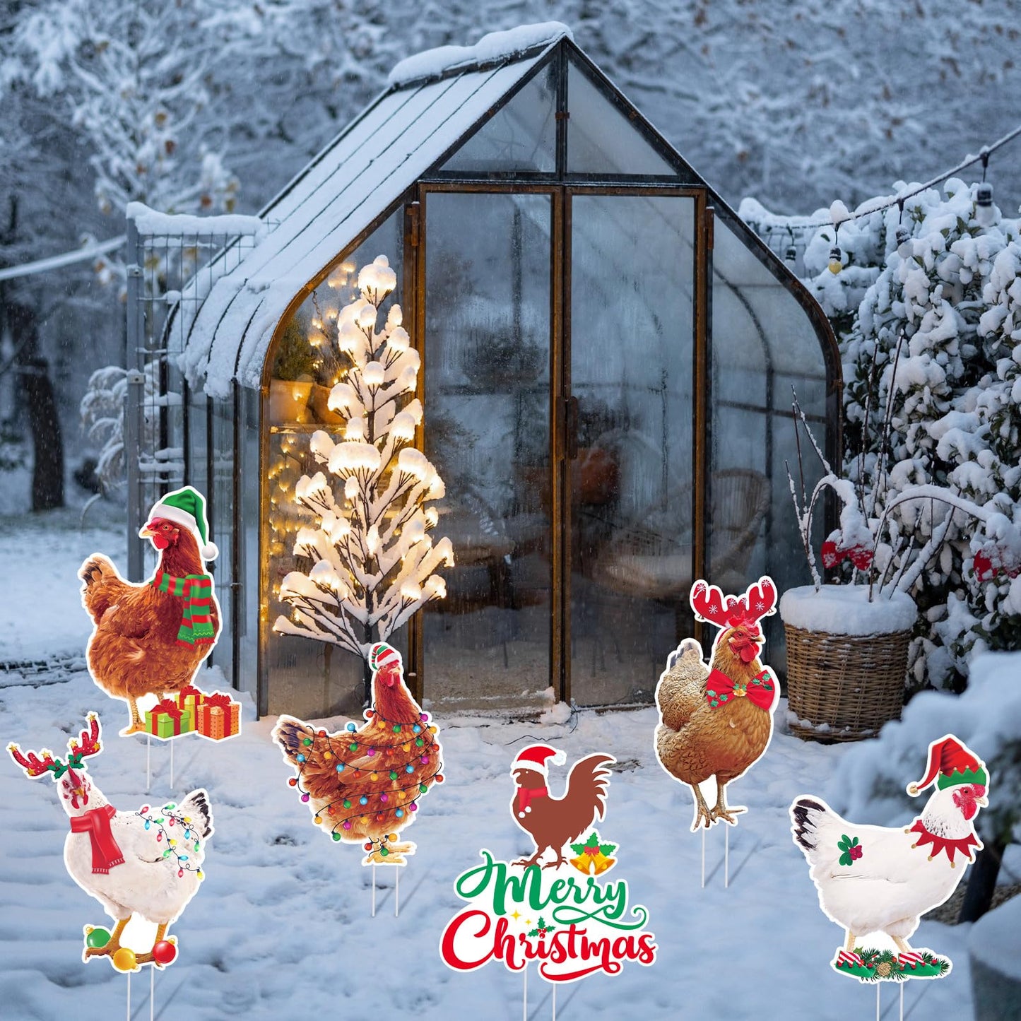 Suzile 8 Pcs Chicken Christmas Yard Signs with Stakes Merry Lawn Sign Pet Theme Christmas Yard Stakes Xmas Outdoor Lawn Decor Waterproof Decorations for Holiday Garden Patio