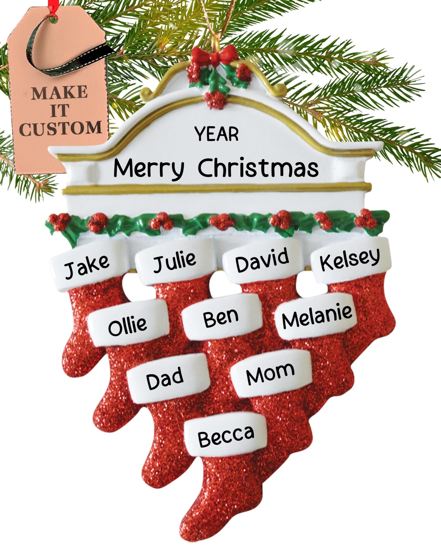 Personalized Large Family of 10 Ornament 2025 | Free 24h Customization | Laser Engraved Red Stocking Christmas Ornaments for Tree | Custom Gift Wrapped Festive Holiday Mantel Keepsake for Ten Persons