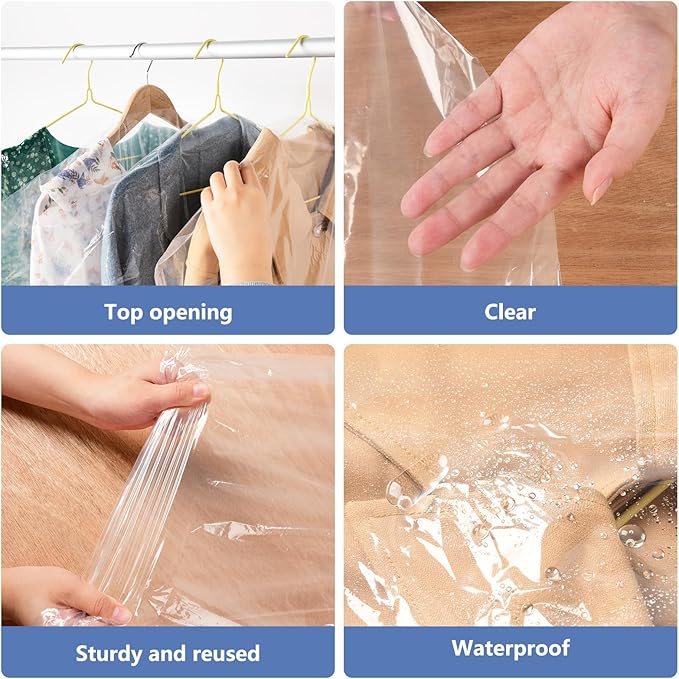 50 Pack 72inch Extra Long Plastic Garment Bag Dust Proof Clear Plastic Clothes