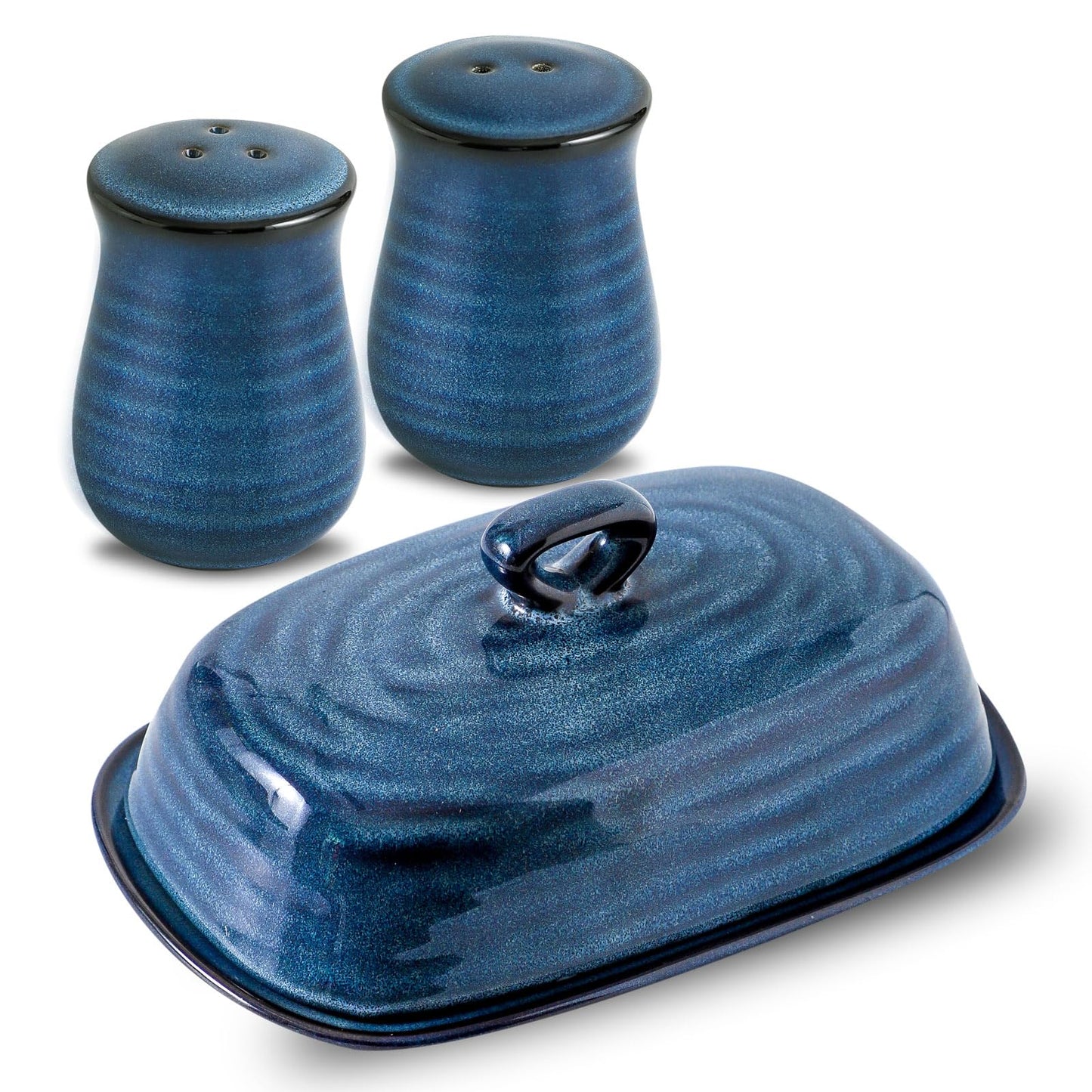 Hasense Ceramic Salt Pepper Shakers and Butter Dish Set, 2 Pieces Navy Reactive Glaze Dinnerware Accessories Set Perfect for Home Decor, Kitchen Housewarming Gift