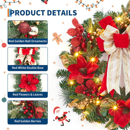GarveeHome Christmas Wreath, 24 in Artificial Pre-Lit Christmas Wreaths for Front Door with 20 LED Lights & 8 Modes, Pine Needles & Red Berries, Accent Decor for Winter Holiday Home Office Apartment