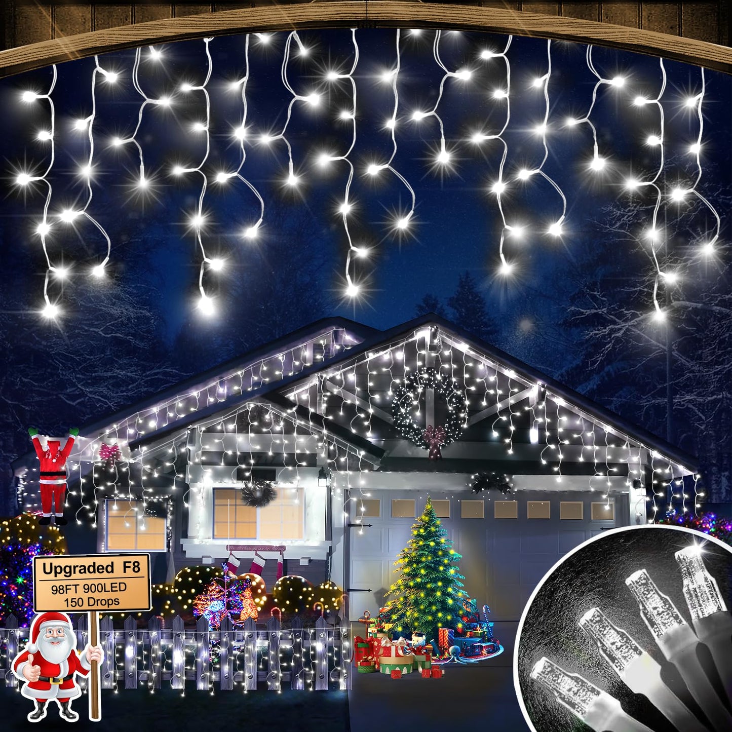 FLVOECN Christmas Lights Outdoor, 98FT 900LED Ice Lights for Outside, Ice String Lights with 8 Modes, Waterproof Timer Memory Hanging Light for Eaves Party Yard Garden(Cool White)
