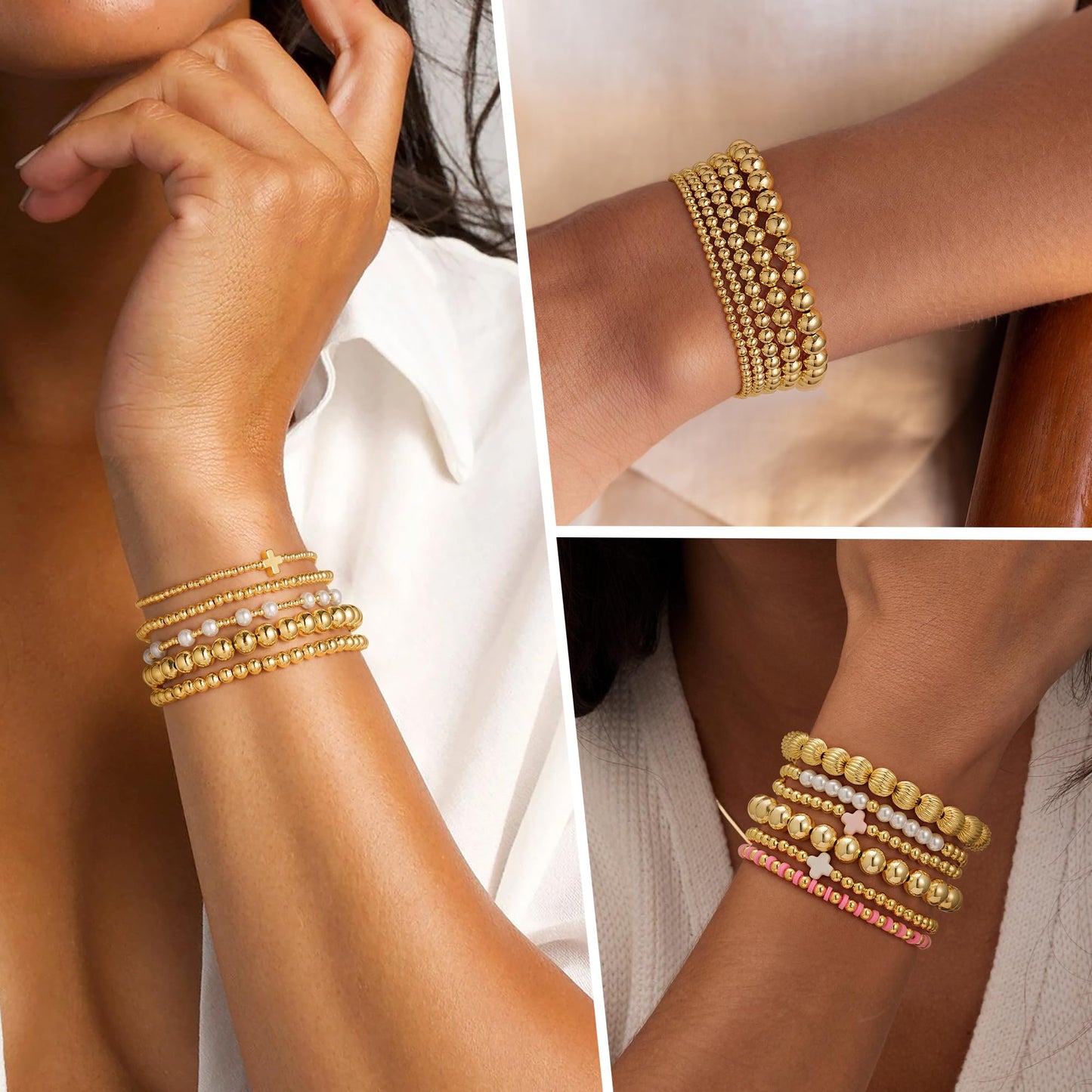 Yoosteel Gold Beaded Bracelets Set for Women - 14k Gold Plated Dainty Tiny Round Beaded Cross Pearl Bracelet Stack for Women Teenage Girl Gifts Stackable Jewelry Gifts 5 PCS