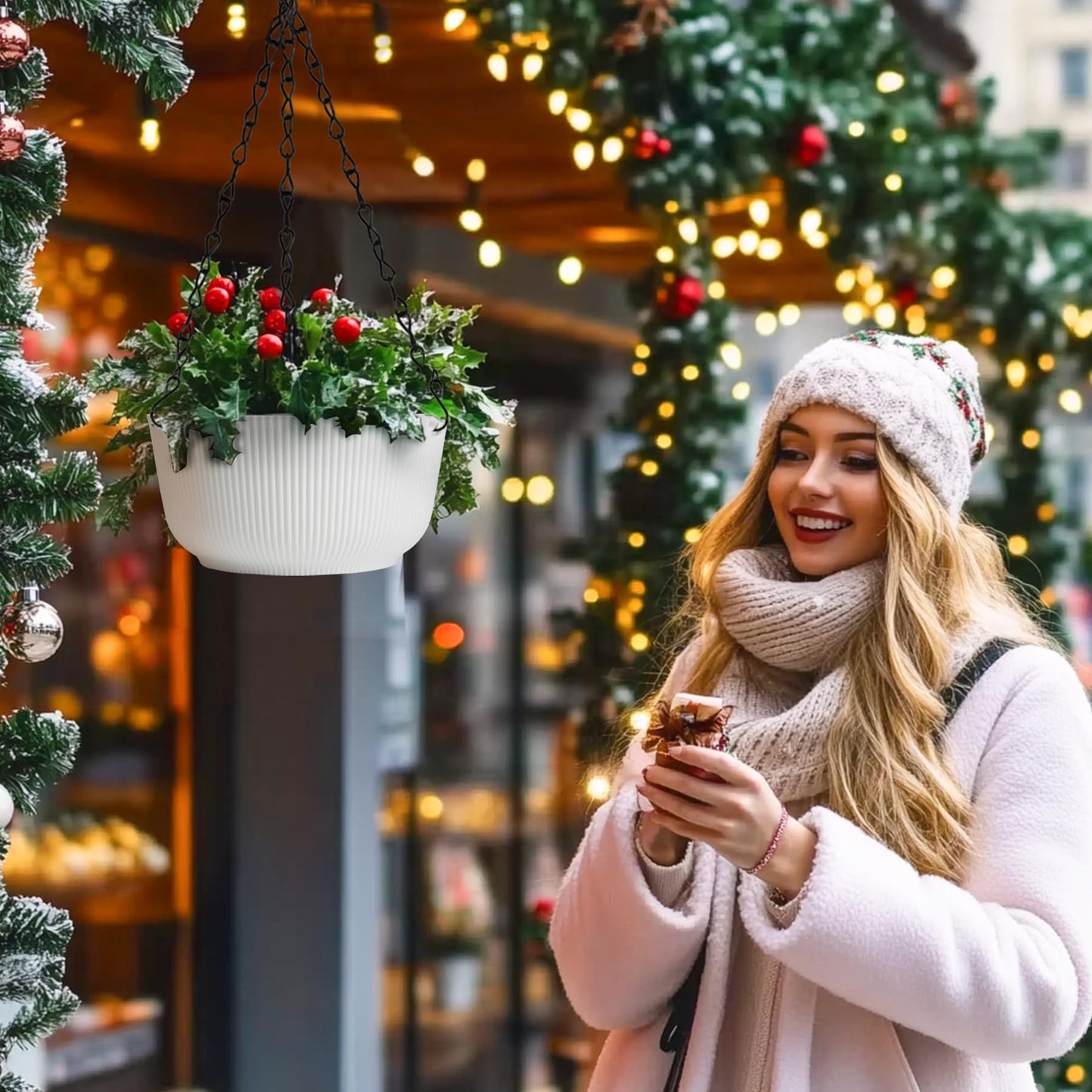 T4U Hanging Planter Self Watering 8 Inch, 2 Pack White Indoor Outdoor Hanging Plant pots, Hanging Flower Pot with Drainage Hole & Plug & Chain with 3 Hooks for Garden Home Decor