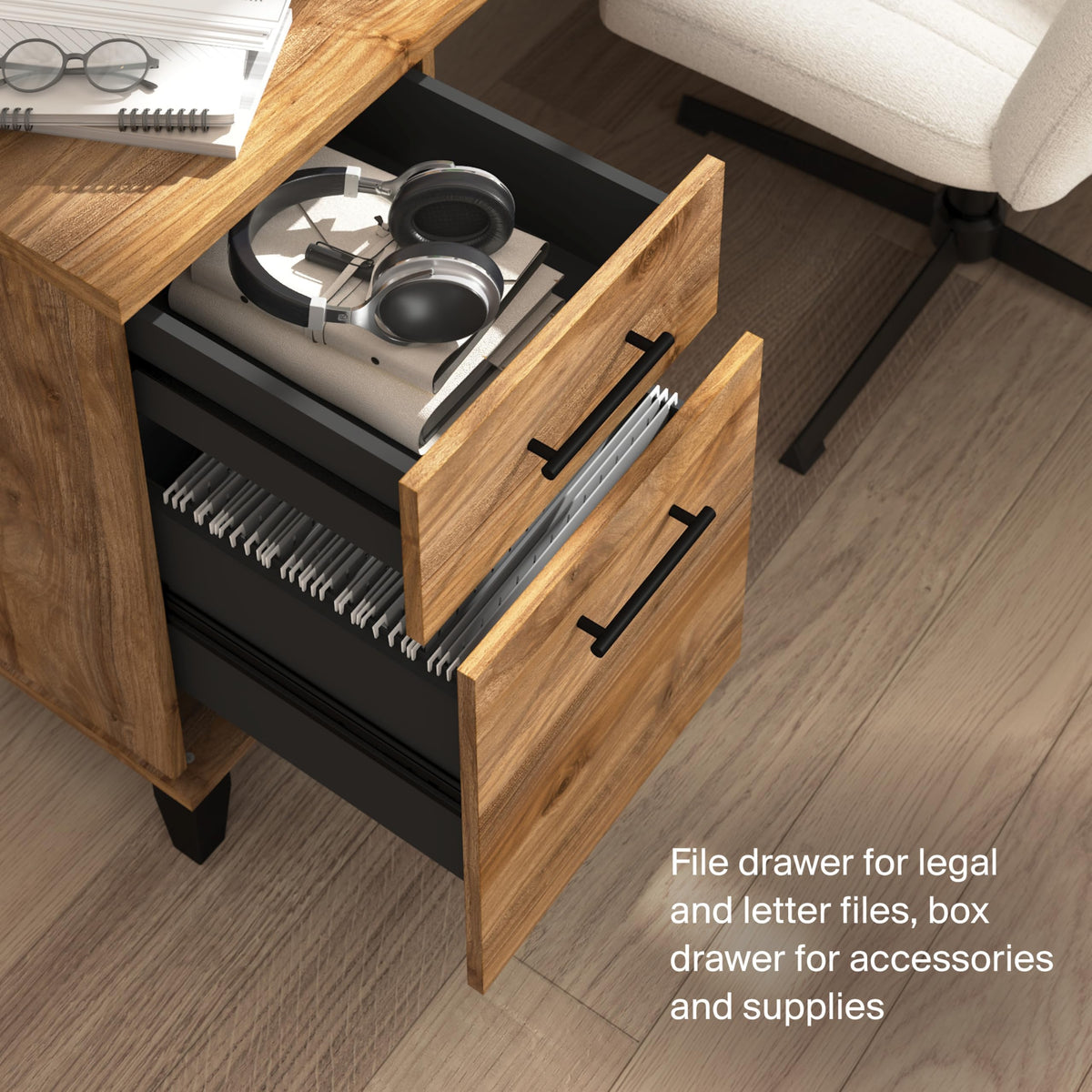 Bush Home 60-Inch Office Desk with Drawers, Computer Desk with File and Box Drawers, Home Office Workstation with Storage Cabinet, Writing Desk Furniture, Somerset Collection, Fresh Walnut