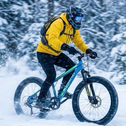 24 Inch Fat Tire Bike Adult/Youth Full Shimano 7 Speeds Mountain Bike, Dual Disc Brake, High-Carbon Steel Frame, Front Suspension, Mountain Trail Bike, Urban Commuter City Bicycle (BlUE, 24inch)
