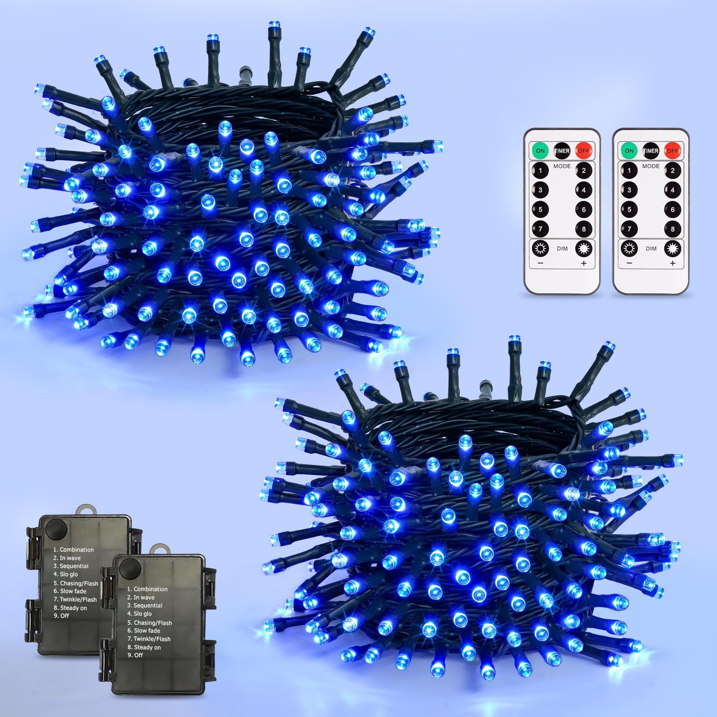 JMEXSUSS 2 Pack 100 LED Blue Christmas Lights Battery Operated, Each 33 FT Blue String Lights Indoor Outdoor Waterproof，Christmas Tree Lights with Remote for Garden Porch Yard Decor