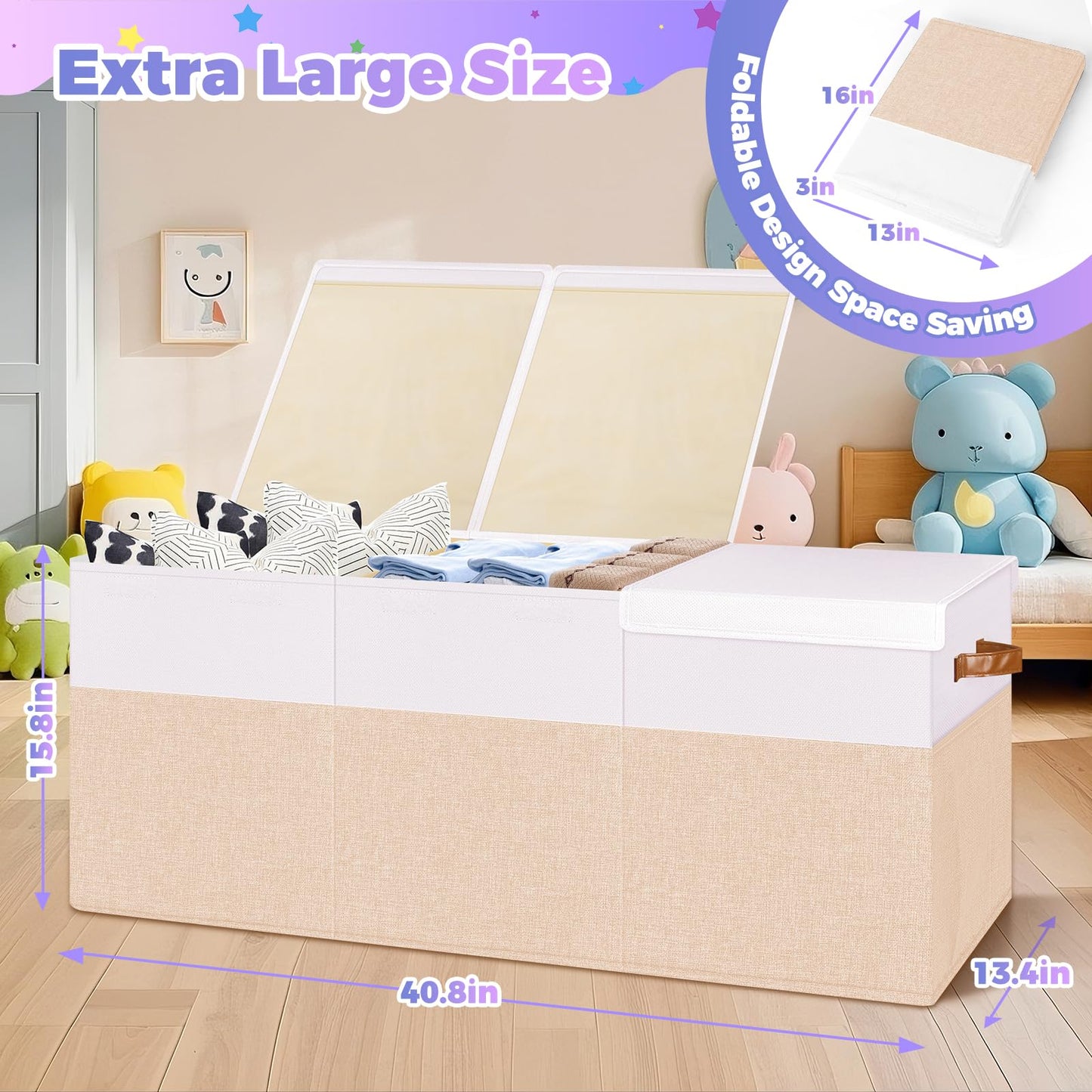 Extra Large Toy Storage Box with Lid, Collapsible Sturdy Toy Chest Storage Organizer Bin Basket with Divider for Kids, Boys, Girls, Closet, Playroom, Bedroom, Nursery, 40"X14"X16", Beige & White