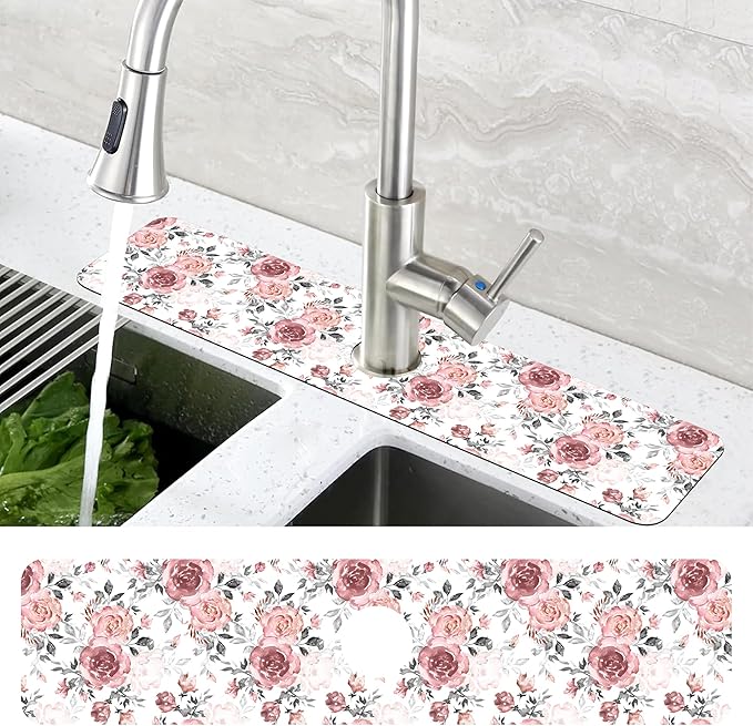 Pink Rose Floral Kitchen Sink Splash Guard Mat Absorbent Fast Drying Mat Faucet