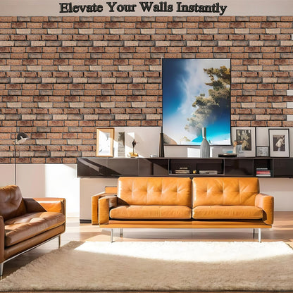 Veczom 3D Brick Wall Panels Peel and Stick,10 Pack Self-Adhesive PVC Wall Tiles, Waterproof Textured Decor for Living Room, Kitchen, Bedroom, Office Accent (4Lines Seamless Brown Stone)