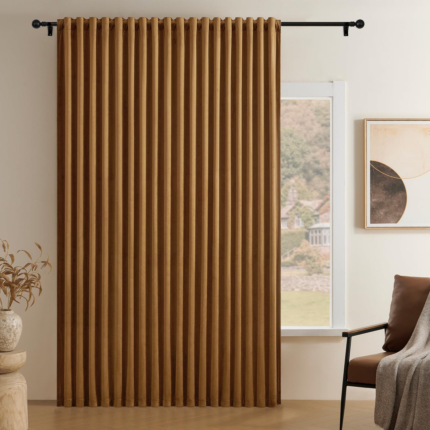 Timeper Gold Brown Pleat Back Tab Velvet Curtains W104 x L84 inches 1 Panel, Room Darkening Solid Home Decor Curtains for Bedroom Living Dining Room Thermal Insulated Luxury Super Soft Window Drapes