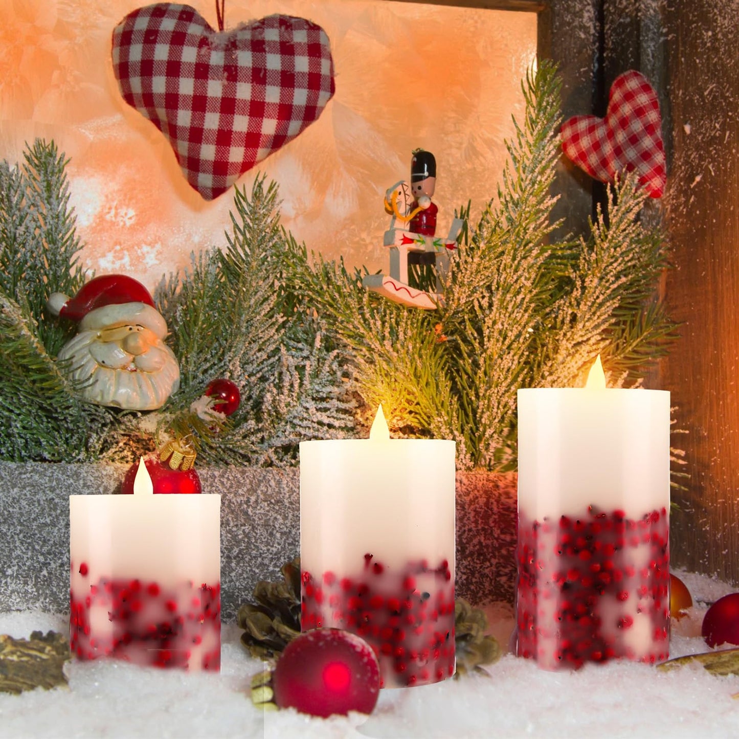Baquler 3 Pcs Christmas Flameless LED Candles Rowan Berries Embedded Real Wax Unscented Flicker Wick Pillar Candle Battery Operated Warm Light for Home Party Xmas Gift Decoration