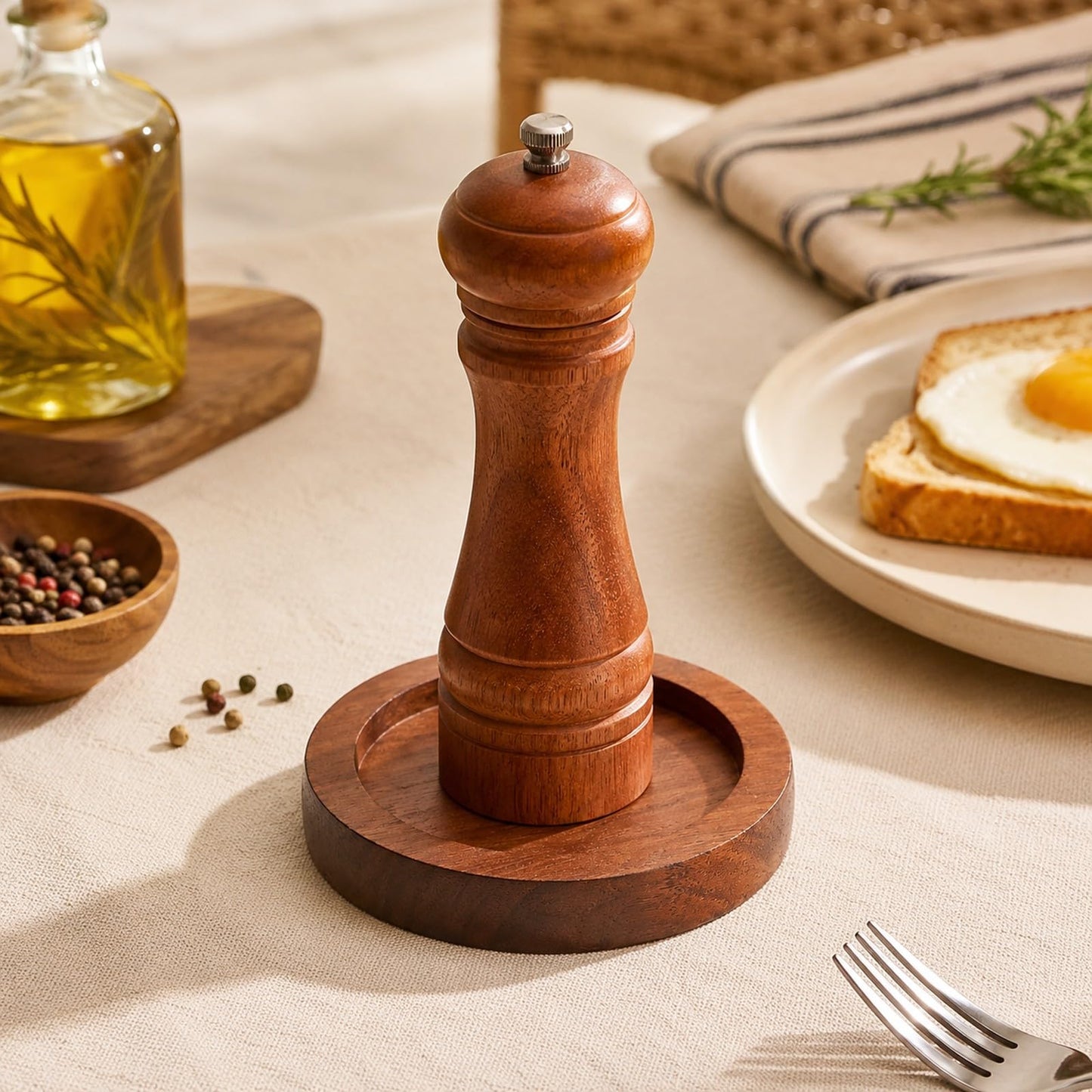 LOGOFUN Acacia Wood Spice Grinder Tray with Round Base Manual Salt Pepper Mill Holder for Kitchen Bottle Storage Home Supplies - 7.5X7.5X1.2cm/2.95X2.95X0.5in