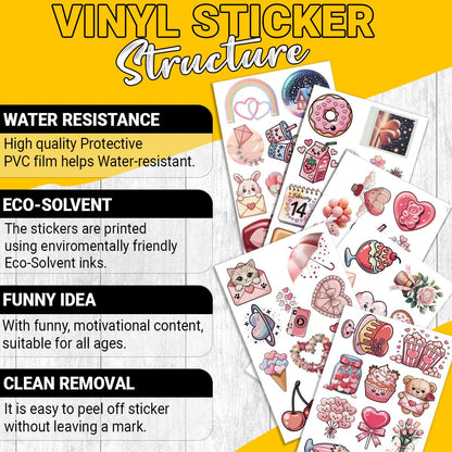 60 Pcs Cute Kawaii Valentine Stickers Pack – Romantic Love Heart, Donut, Bear & Cupcake Vinyl Decals for Water Bottles, Laptops, Journals & Gift Wrapping, Aesthetic Pink Love Stickers Set (Valentine3)