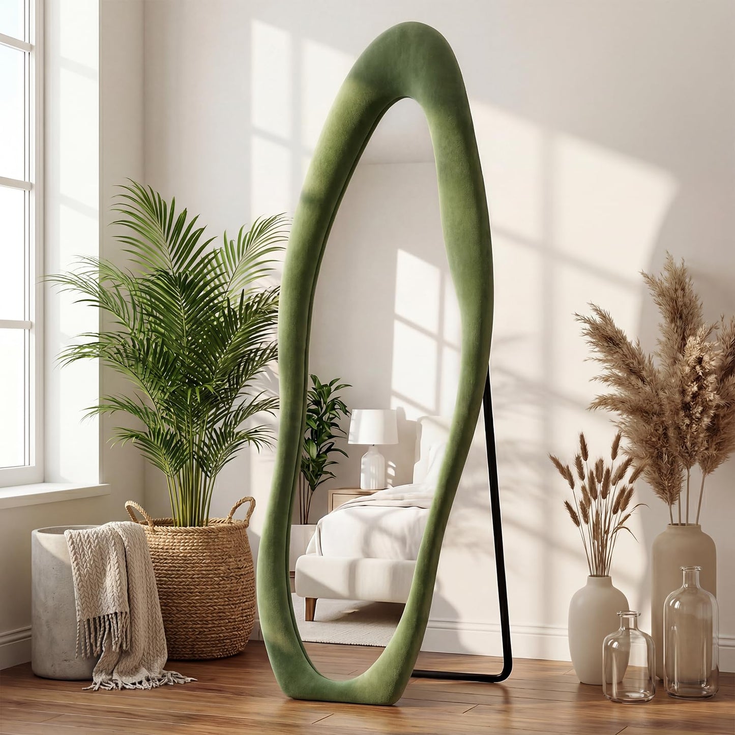ZHUNFA Full Length Mirror,65×24 Mirror Full Length Wall Mounted Wrapped in Flannel,Featuring an Irregular Cloud Shaped Design,Room,Bedroom,Living Room Home Decor,Green.