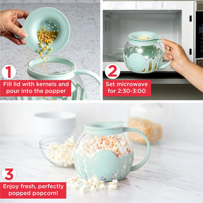 Ecolution Patented Micro-Pop Microwave Popcorn Popper with Temperature Safe Glass, 3-in-1 Lid Measures Kernels and Melts Butter, Made Without BPA, Dishwasher Safe, 3-Quart, Aqua