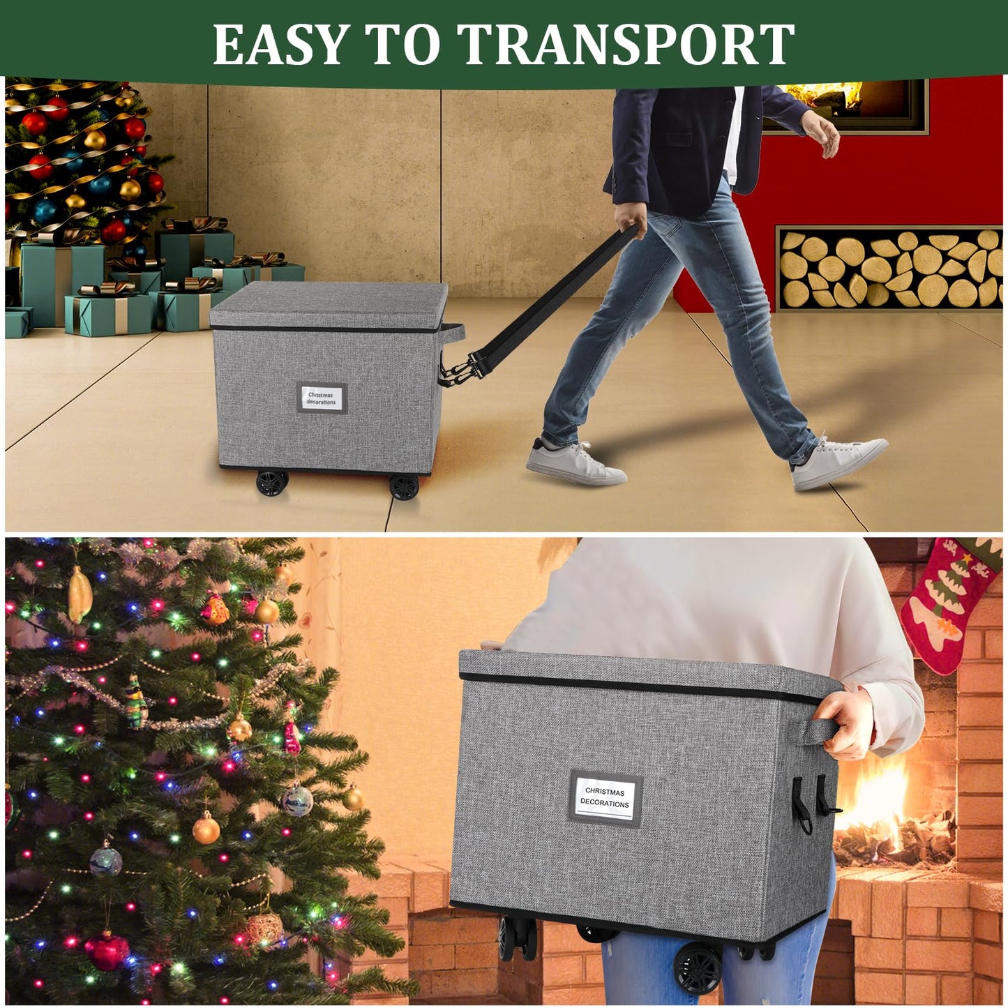 Lukeline Rolling Christmas Ornament Storage Box, Holiday Ornament Organizer with 3 Individual Removable Trays, Large Capacity Christmas Ornament Box with Tow Rope and Double Handles