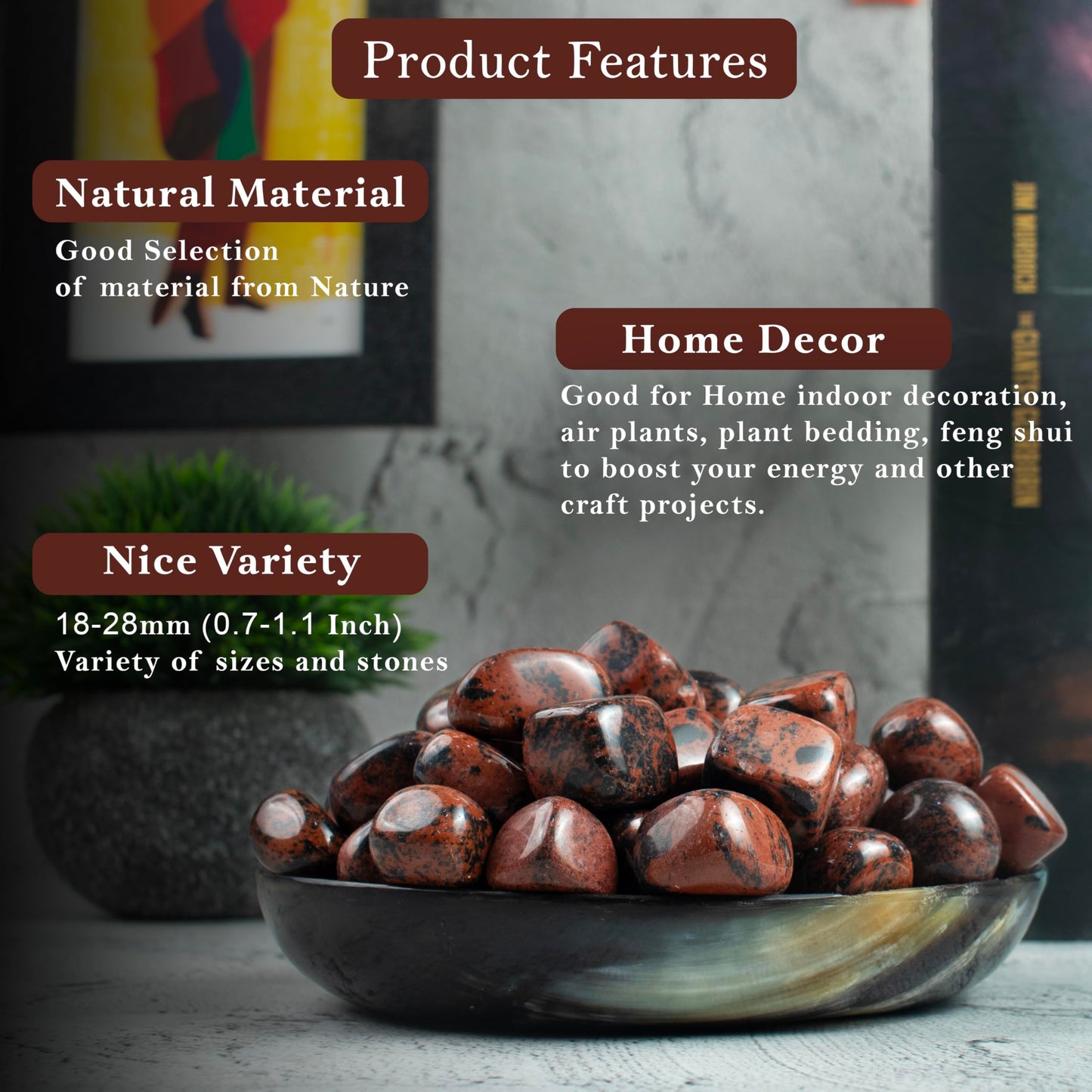 "ZAICUS Mahogany Obsidian Tumbled Stones Bulk, Crystals Bulk for Healing Polished Natural Crystal Stones for Vase Filler Rock Collecting, Decorative Fountain & Home Dcor, 2025 mm, 1 lb"