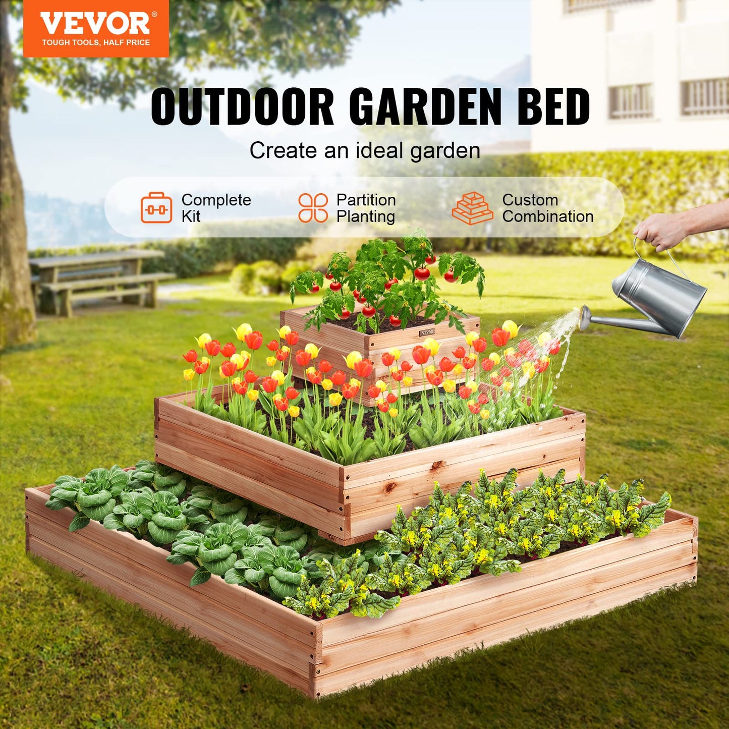 VEVOR 3 Tier Raised Garden Bed Wood Outdoor, 45 x 45 x 20in High End Natural Fir Wood Planter Box, Outdoor Planting Boxes for Flowers/Vegetables/Herbs in Backyard/Garden/Patio/Balcony, with Open Base