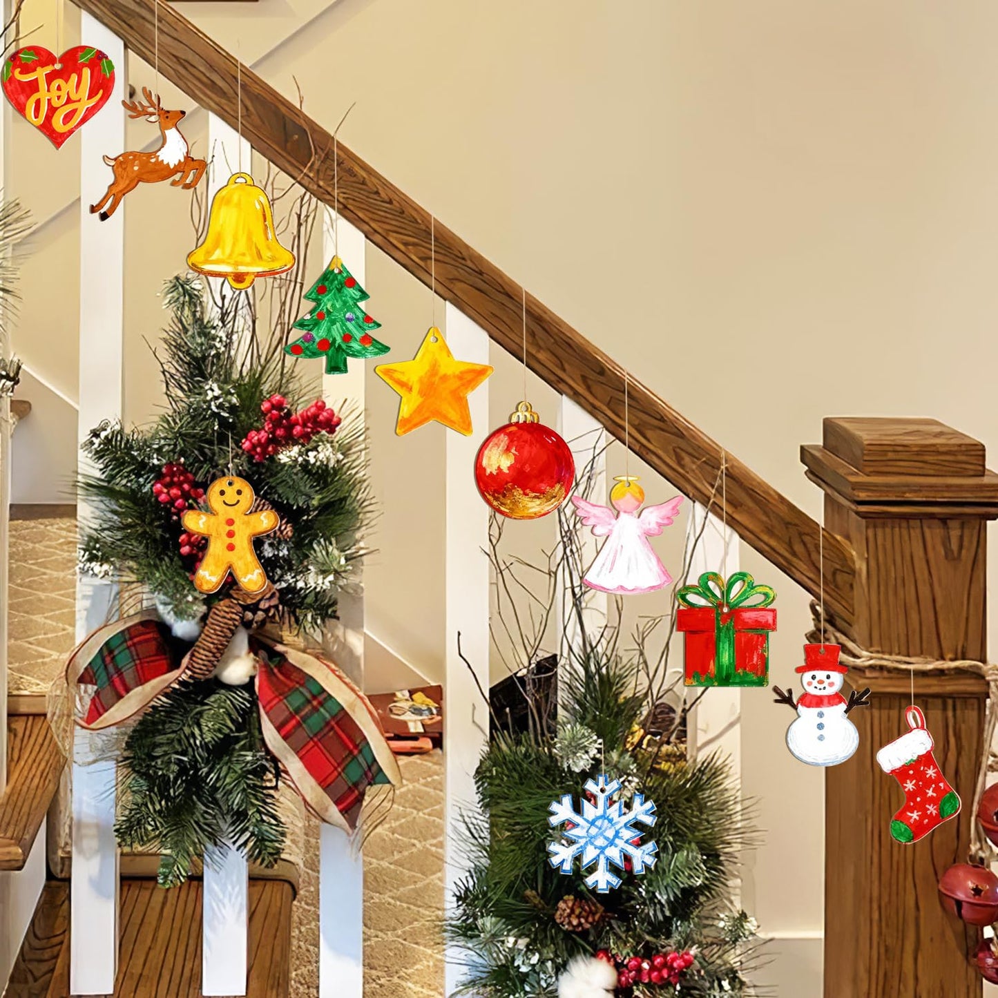 80PCS Wooden Christmas Ornaments to Paint, 8 Styles DIY Blank Unfinished Wood Reindeer Santa Claus Christmas Tree Ball Snowman Snowflake Angel Cutouts Ornament for Crafts Winter Hanging Decorations