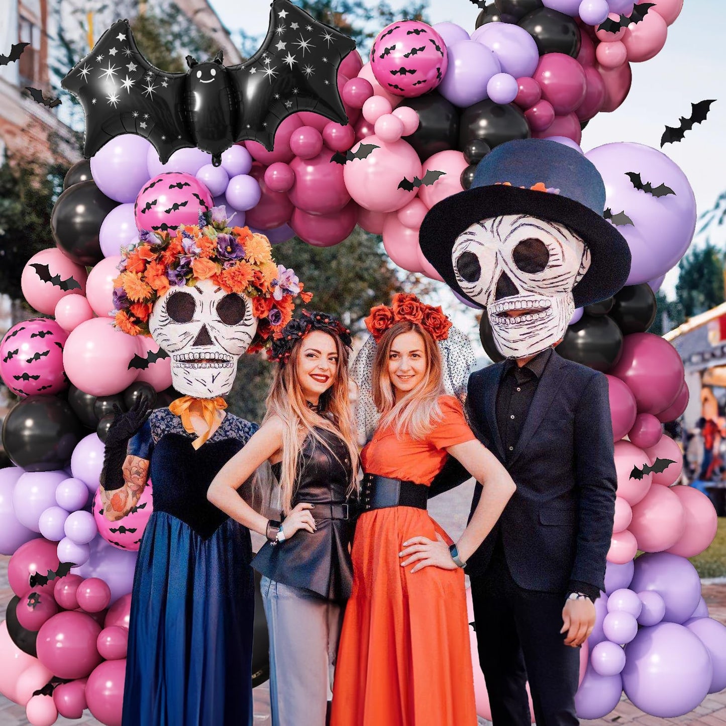 Halloween Balloon Arch Kit 102Pcs Hot Pink Purple Black Balloon Garland with Halloween Bat Foil Rose Red Balloons for Trick or Treat Day of the Dead Spooky Boo Ghost Haunted House Party Decorations