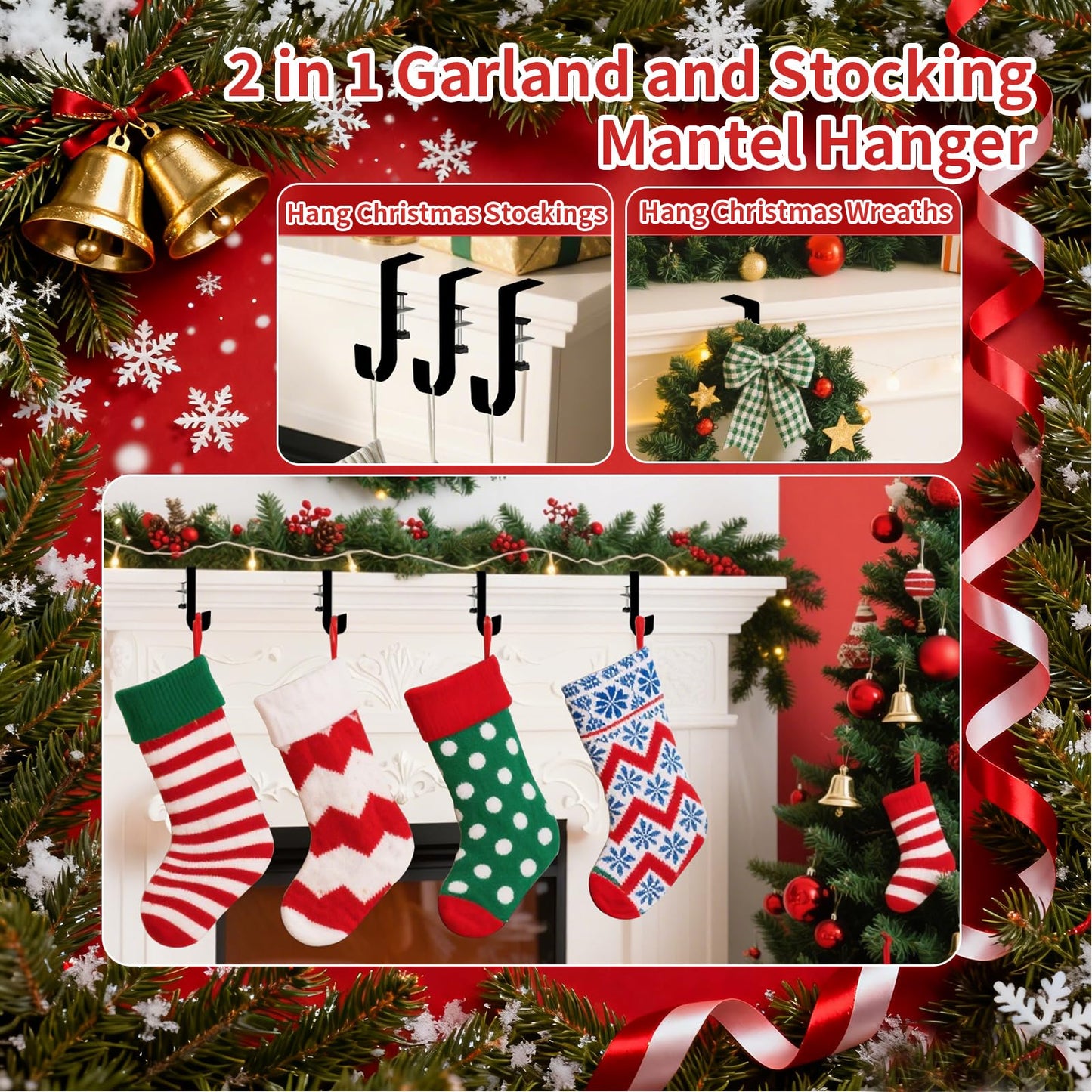 Stuzos Christmas Stockings Holder Hanger, Stocking Holders for Mantle,Mantle Garland Hanger,Garland and Stocking Hangers for Mantle, Fireplace Garland and Stocking Hanger (Style J, 3pcs)