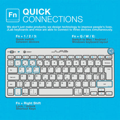 JLab Go Wireless Keyboard - Small Bluetooth Keyboard with 2.4G USB Connectivity, Multi Device Quiet Portable Keyboard for iPad/iPad Mini/Tablet/PC/Laptop/Android/Apple Mac, Flat Compact Design