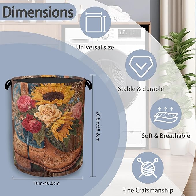 Cowboy Boots Laundry Basket, Wooden Sunflowers Foldable Oxford Cloth Tote Bag