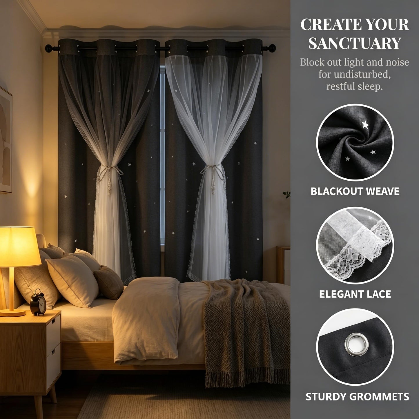 Kinryb Grey Star Curtains for Bedroom Star Hollow Out Blackout Curtains for Kids Room Decor Double Layer Cut Out Window 2 Panel with Tiebacks 52W x 84L Grey