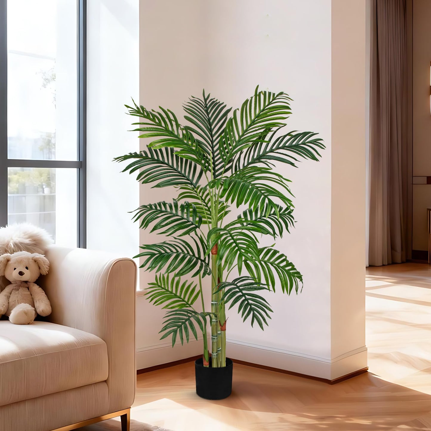Hollyone Fake Palm Tree Decor 4FT with Planter Artificial Palm Tree Faux Tropical Areca Floor Plant in Pot with 3 Textured Trunks Silk Plant for Home Garden Outdoor Indoor Office Decor