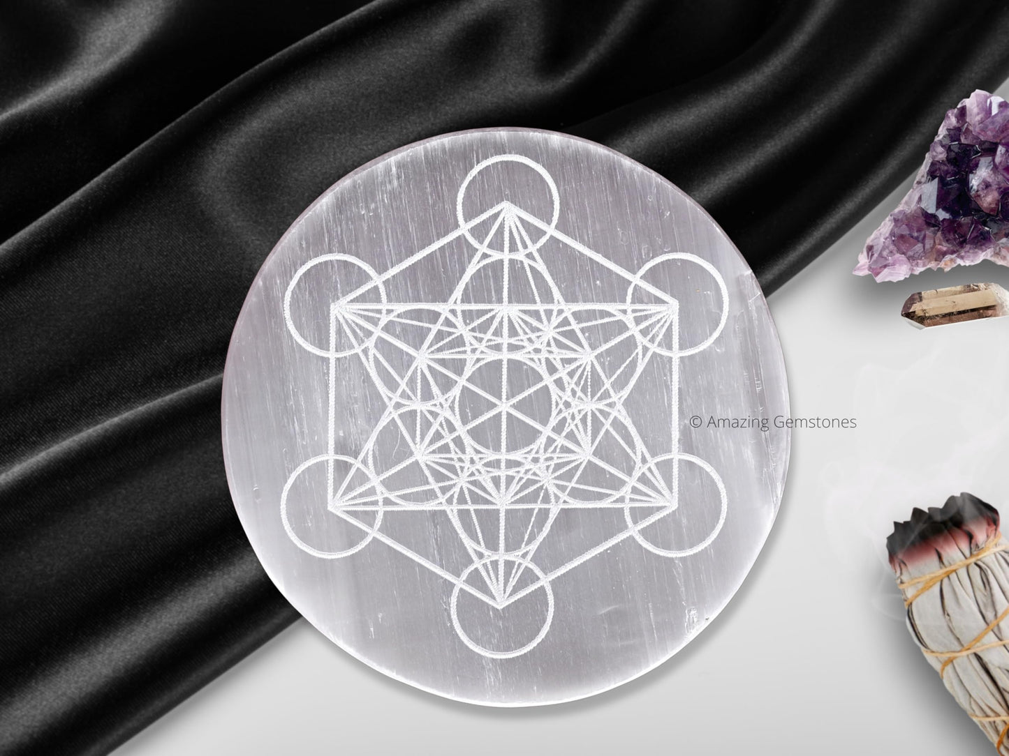 Amazing Gemstone Selenite Crystal Charging Plate for Crystals and Healing Stones, 4" Selenite Crystal Plate Engraved Metatron Cube Coaster for Home, Office Table Decor (Selenite Round Disc)