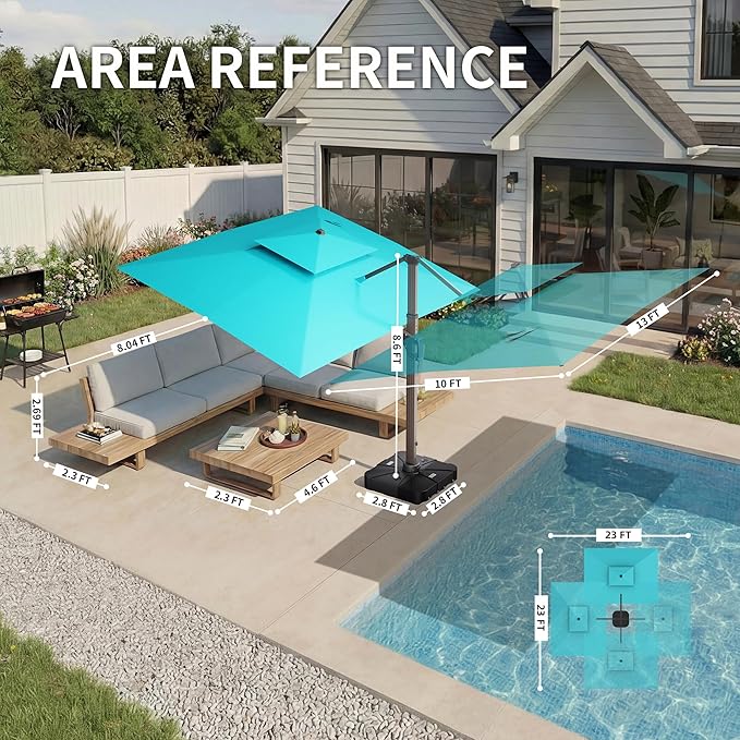 10 X 13 FT Cantilever Patio Umbrella with Led Lights and Base Included Outdoor Heavy Duty Double Top Rectangle Offset Umbrellas with 360-degree Rotation for Pool Deck Backyard, Turquoise